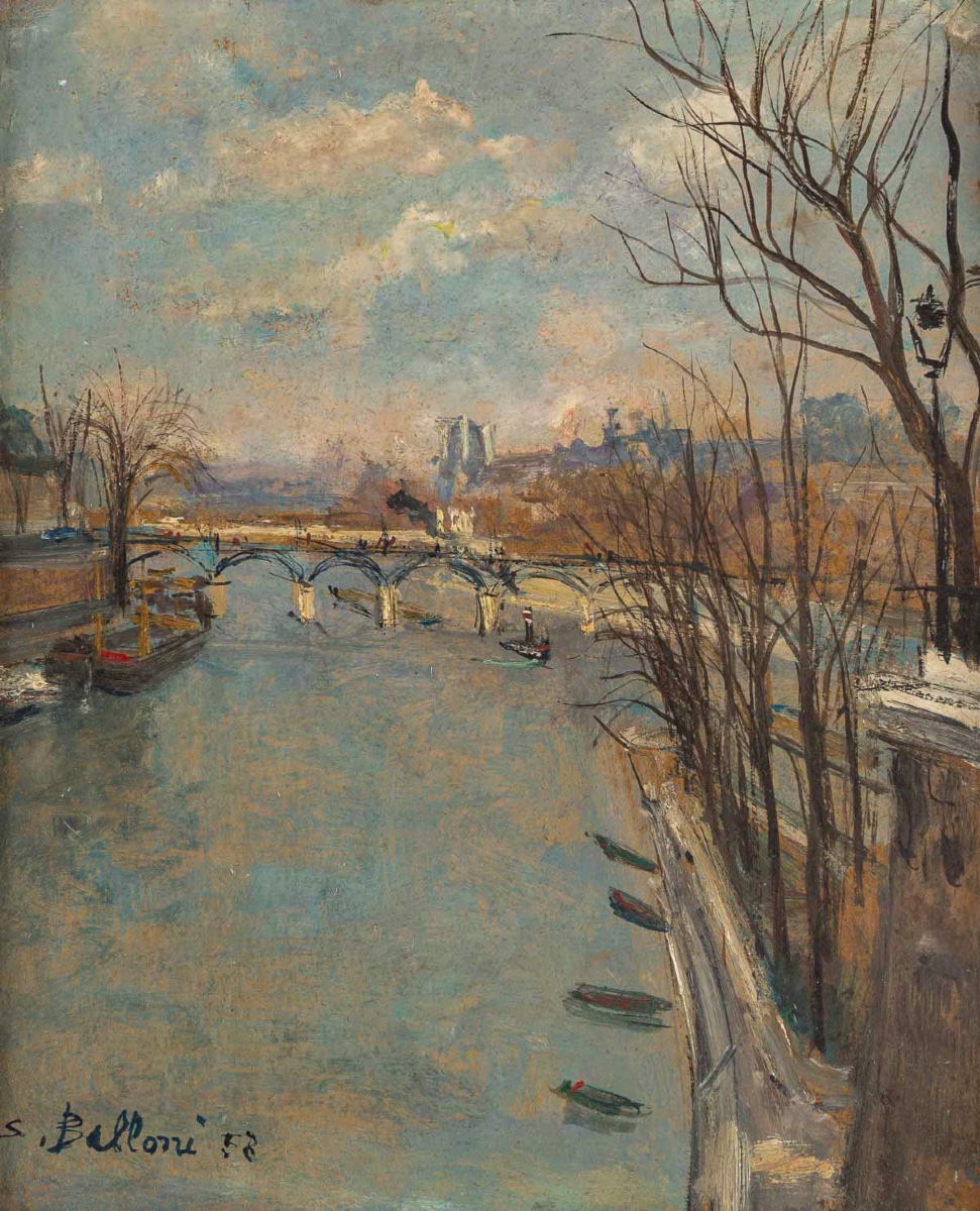 Serge Belloni (1925-2005) Paris La Passerelle des Arts huile sur panneau circa 1958-photo-2