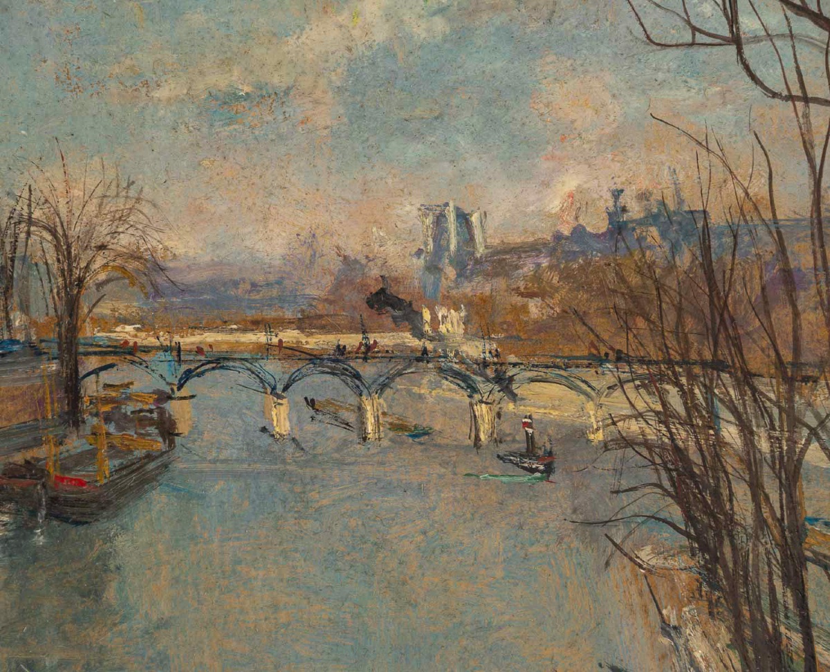 Serge Belloni (1925-2005) Paris La Passerelle des Arts huile sur panneau circa 1958-photo-3