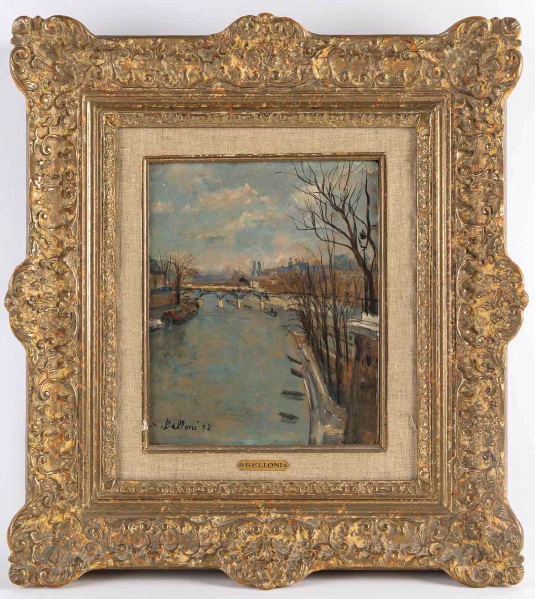Serge Belloni (1925-2005) Paris La Passerelle des Arts huile sur panneau circa 1958