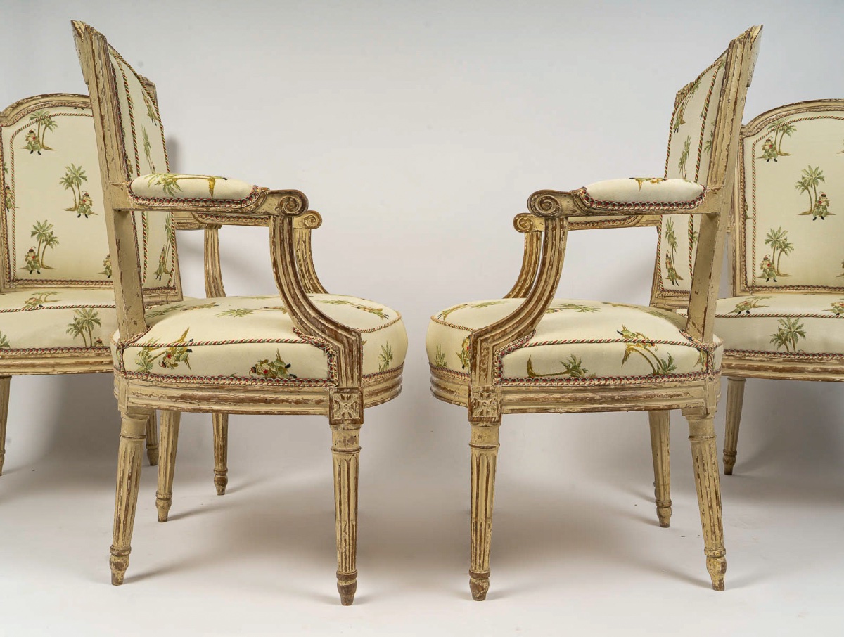 Set Of Four Louis XVI Cabriolet Armchairs Period In Painted Beech Circa 1770-photo-1