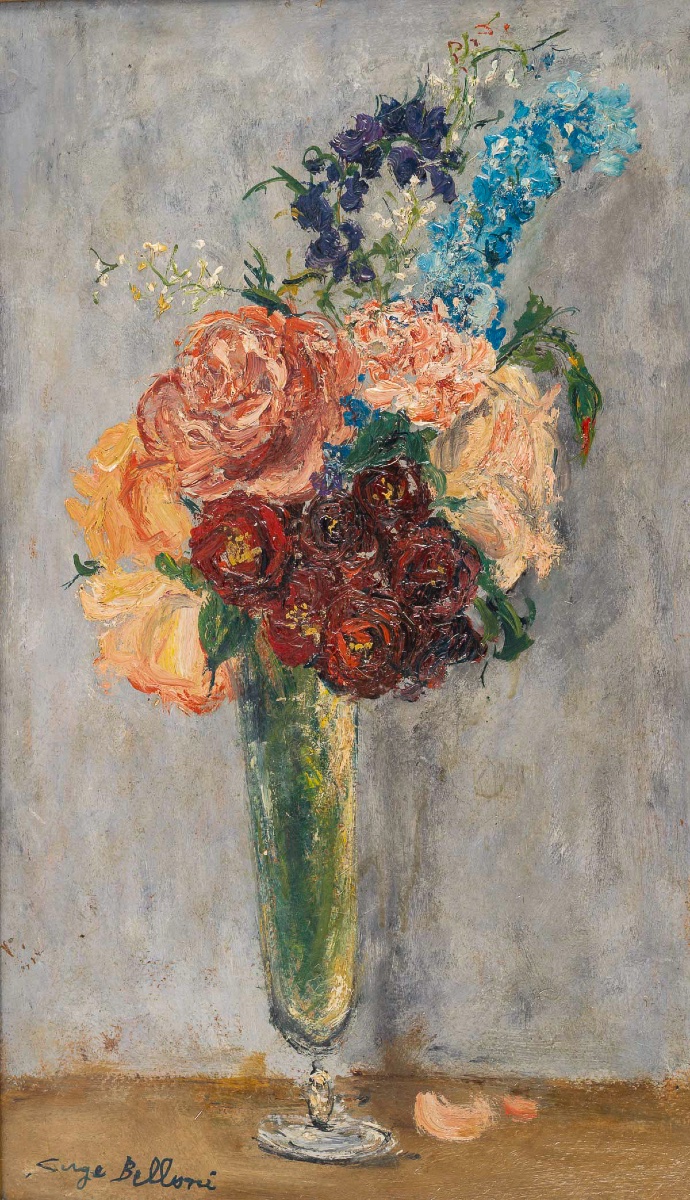 Serge Belloni (1925–2005) – Bouquet Of Flowers In A Vase, Oil On Panel, Circa 1970-photo-2
