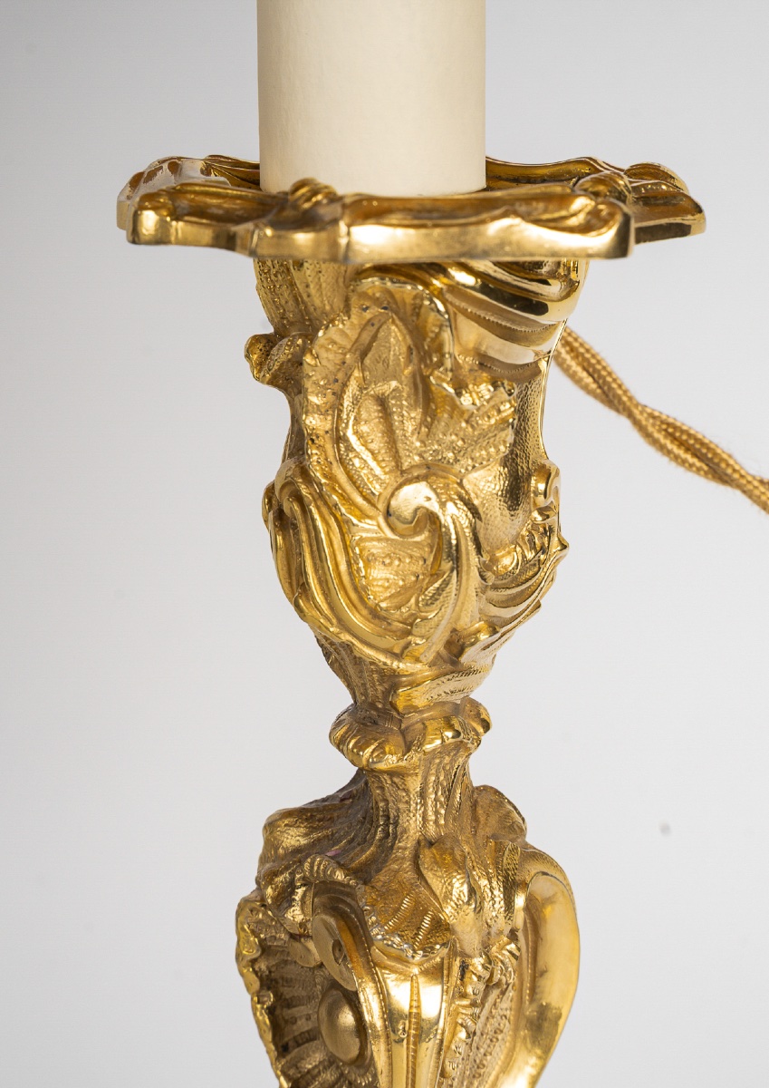 A Pair Of Rocaille-style Gilt Bronze Flambeaux, Mounted As Lamps, C. 1880-photo-3