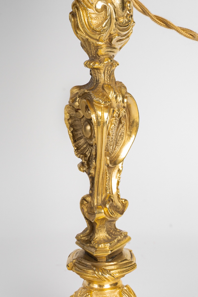 A Pair Of Rocaille-style Gilt Bronze Flambeaux, Mounted As Lamps, C. 1880-photo-4