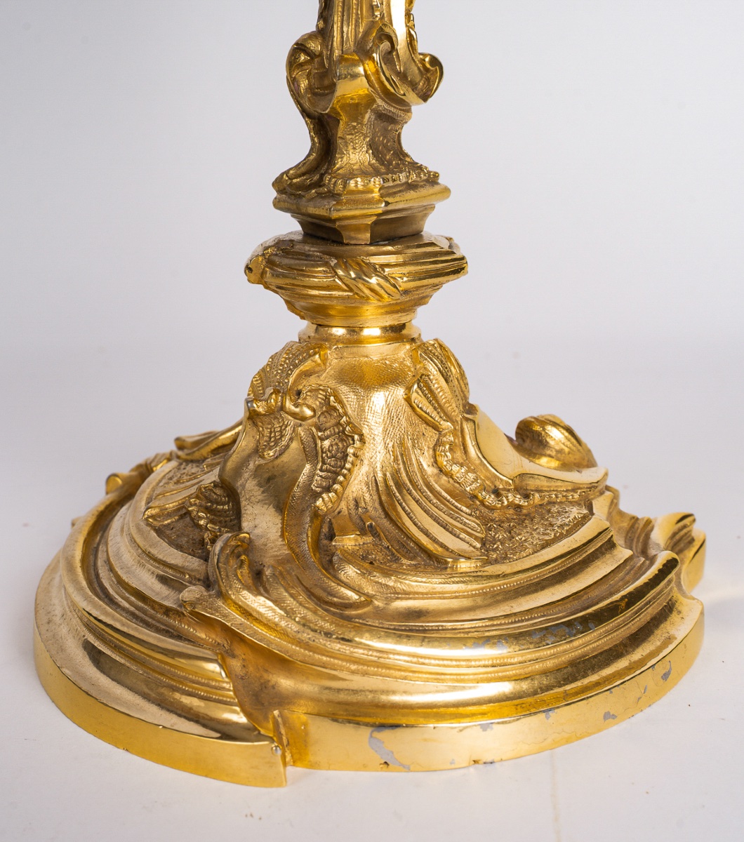 A Pair Of Rocaille-style Gilt Bronze Flambeaux, Mounted As Lamps, C. 1880-photo-1