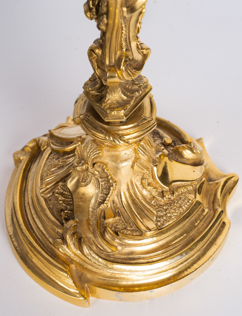 A Pair Of Rocaille-style Gilt Bronze Flambeaux, Mounted As Lamps, C. 1880-photo-2