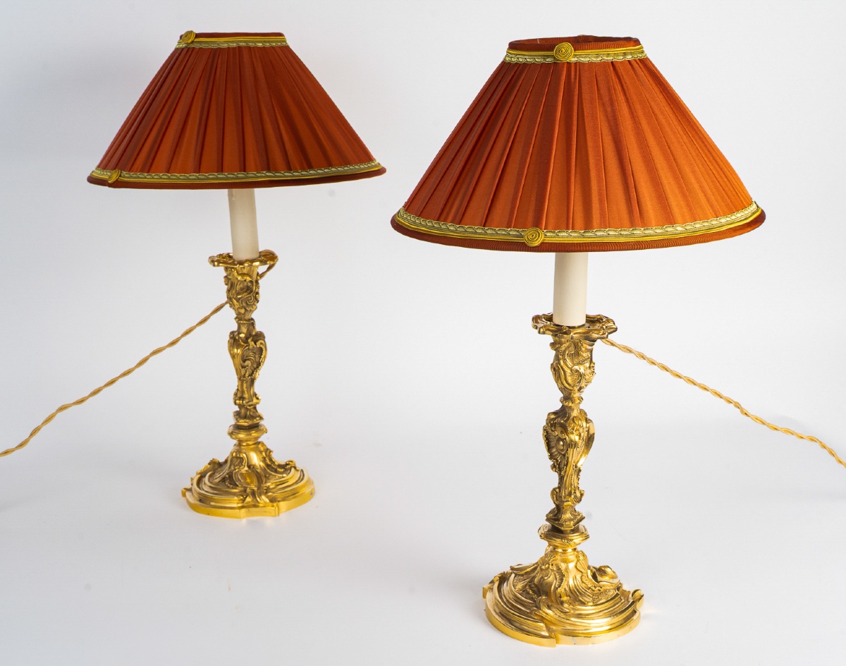 A Pair Of Rocaille-style Gilt Bronze Flambeaux, Mounted As Lamps, C. 1880-photo-3