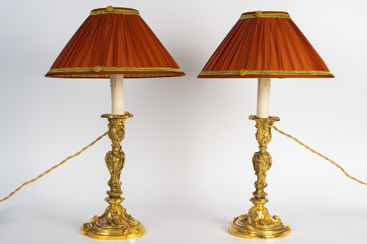 A Pair Of Rocaille-style Gilt Bronze Flambeaux, Mounted As Lamps, C. 1880