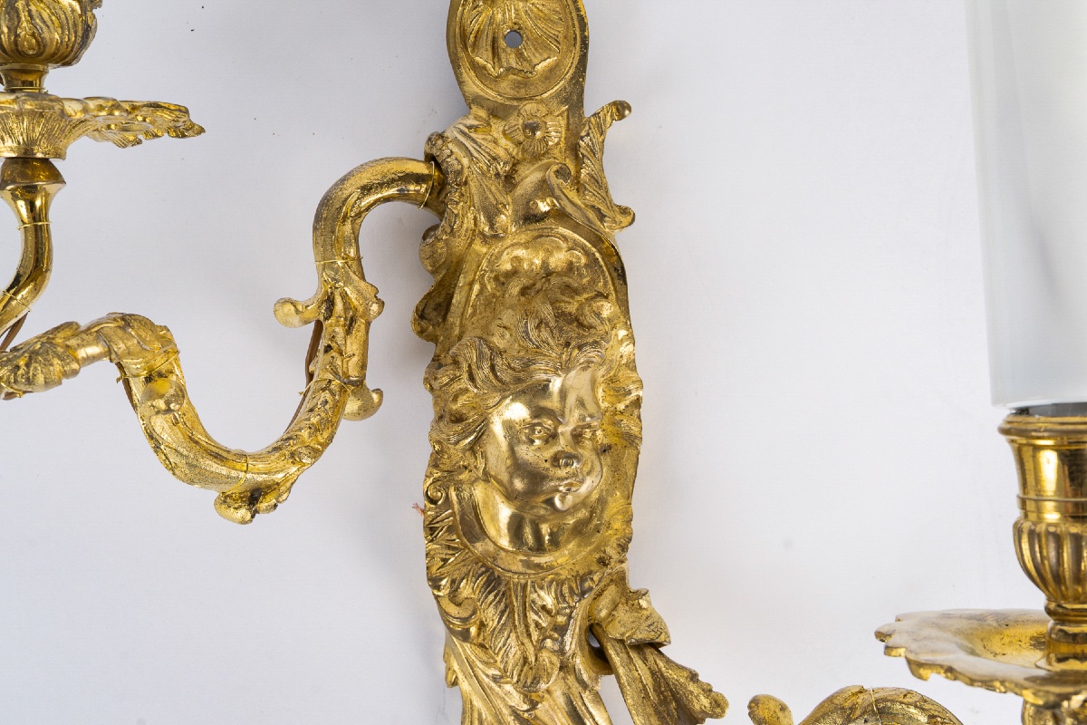 Pair Of Regence Period Gilt Bronze Wall Sconces With Putti Decor Manner Of Charles-andré Boulle-photo-3