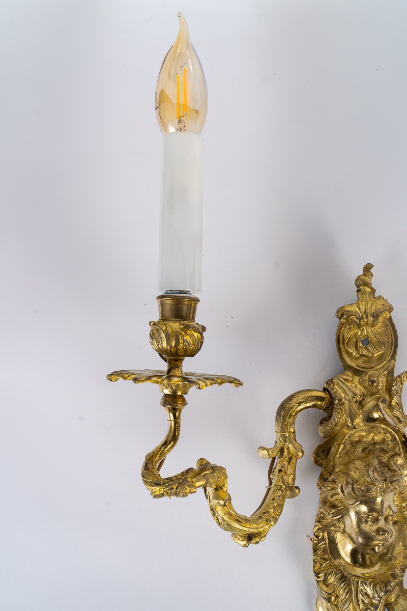 Pair Of Regence Period Gilt Bronze Wall Sconces With Putti Decor Manner Of Charles-andré Boulle-photo-4