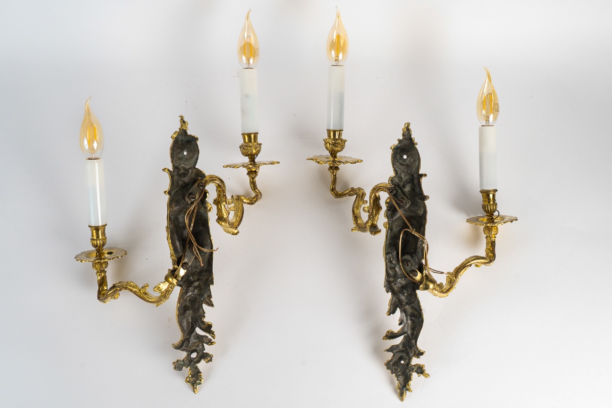 Pair Of Regence Period Gilt Bronze Wall Sconces With Putti Decor Manner Of Charles-andré Boulle-photo-2