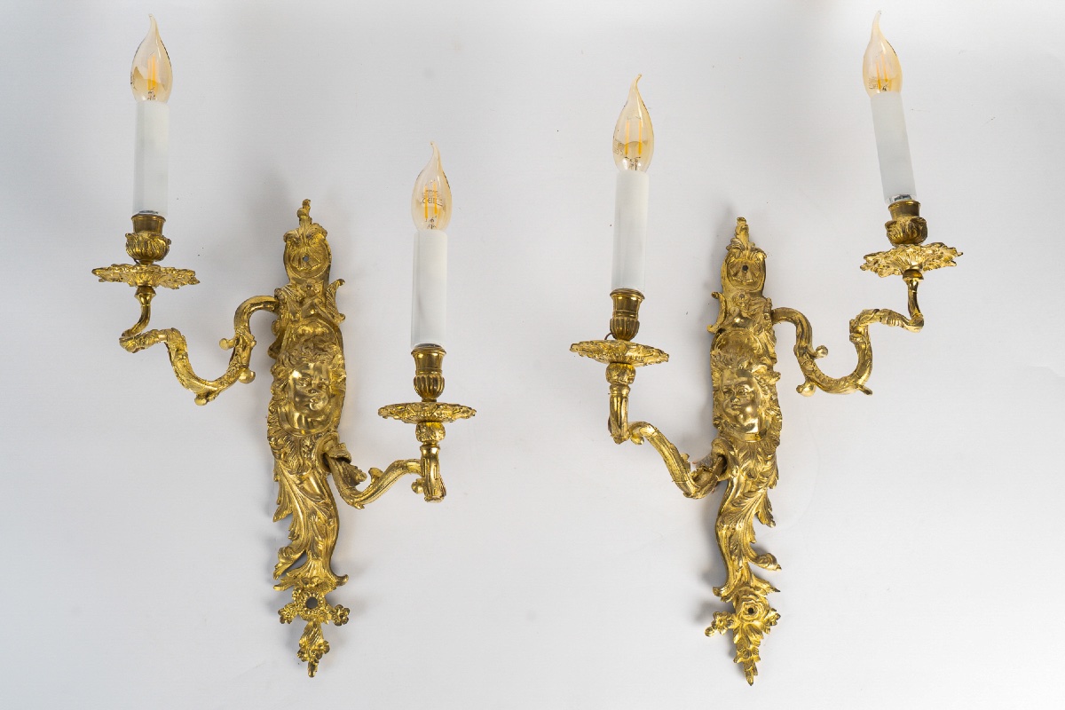Pair Of Regence Period Gilt Bronze Wall Sconces With Putti Decor Manner Of Charles-andré Boulle