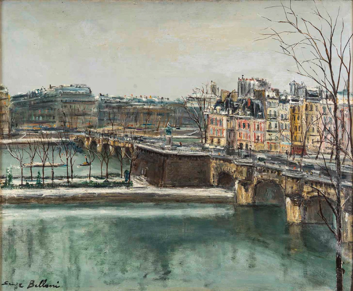 Serge Belloni (1925-2005) Paris Le Pont Neuf sous la neige huile sur toile circa 1960-photo-2