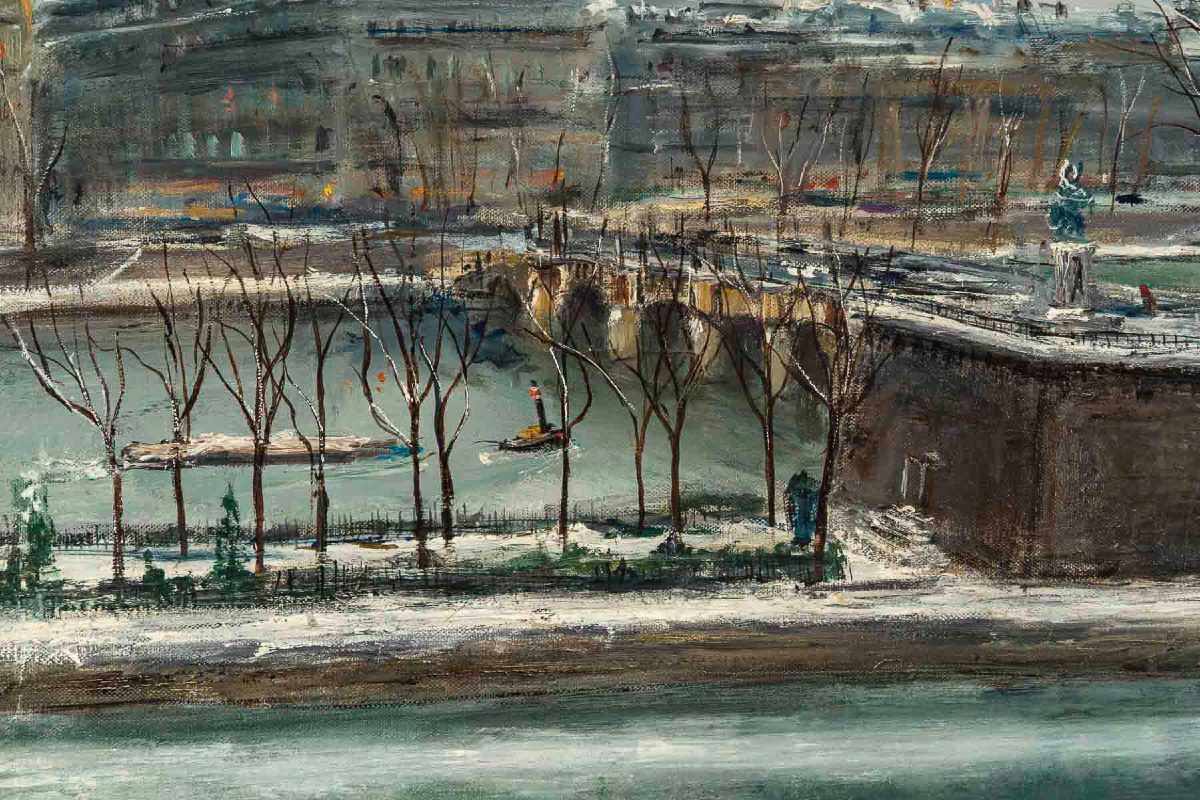 Serge Belloni (1925-2005) Paris Le Pont Neuf sous la neige huile sur toile circa 1960-photo-3
