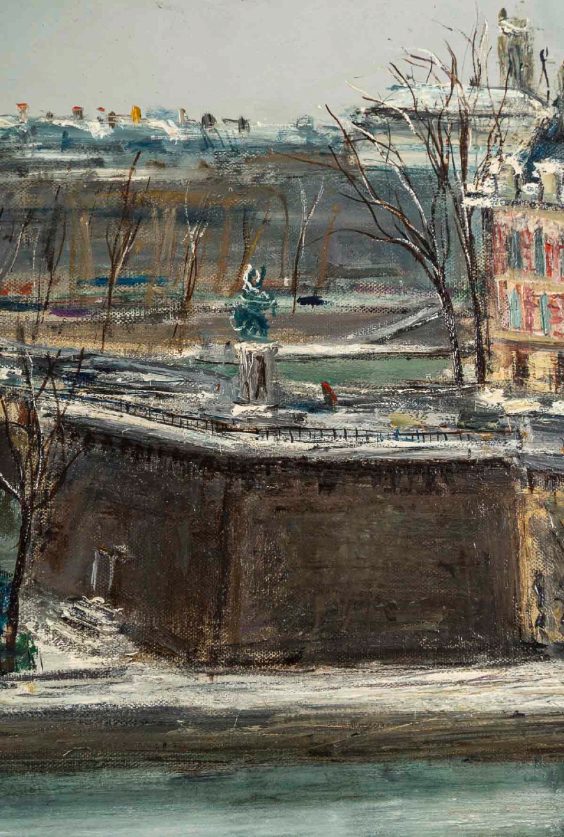 Serge Belloni (1925-2005) Paris Le Pont Neuf sous la neige huile sur toile circa 1960-photo-1