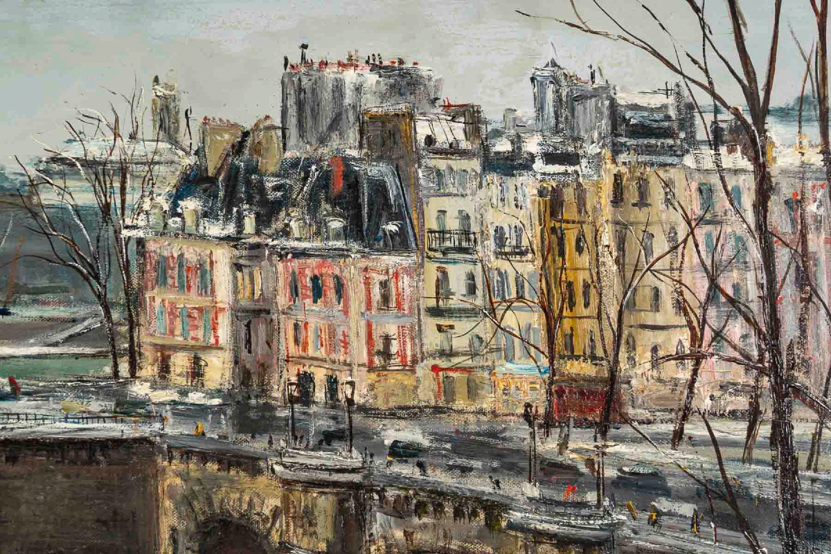 Serge Belloni (1925-2005) Paris Le Pont Neuf sous la neige huile sur toile circa 1960-photo-2