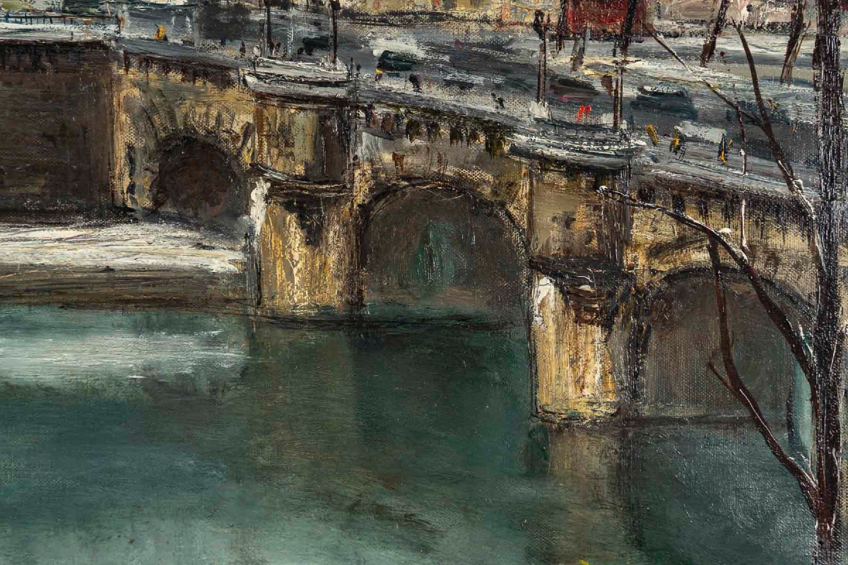 Serge Belloni (1925-2005) Paris Le Pont Neuf sous la neige huile sur toile circa 1960-photo-3