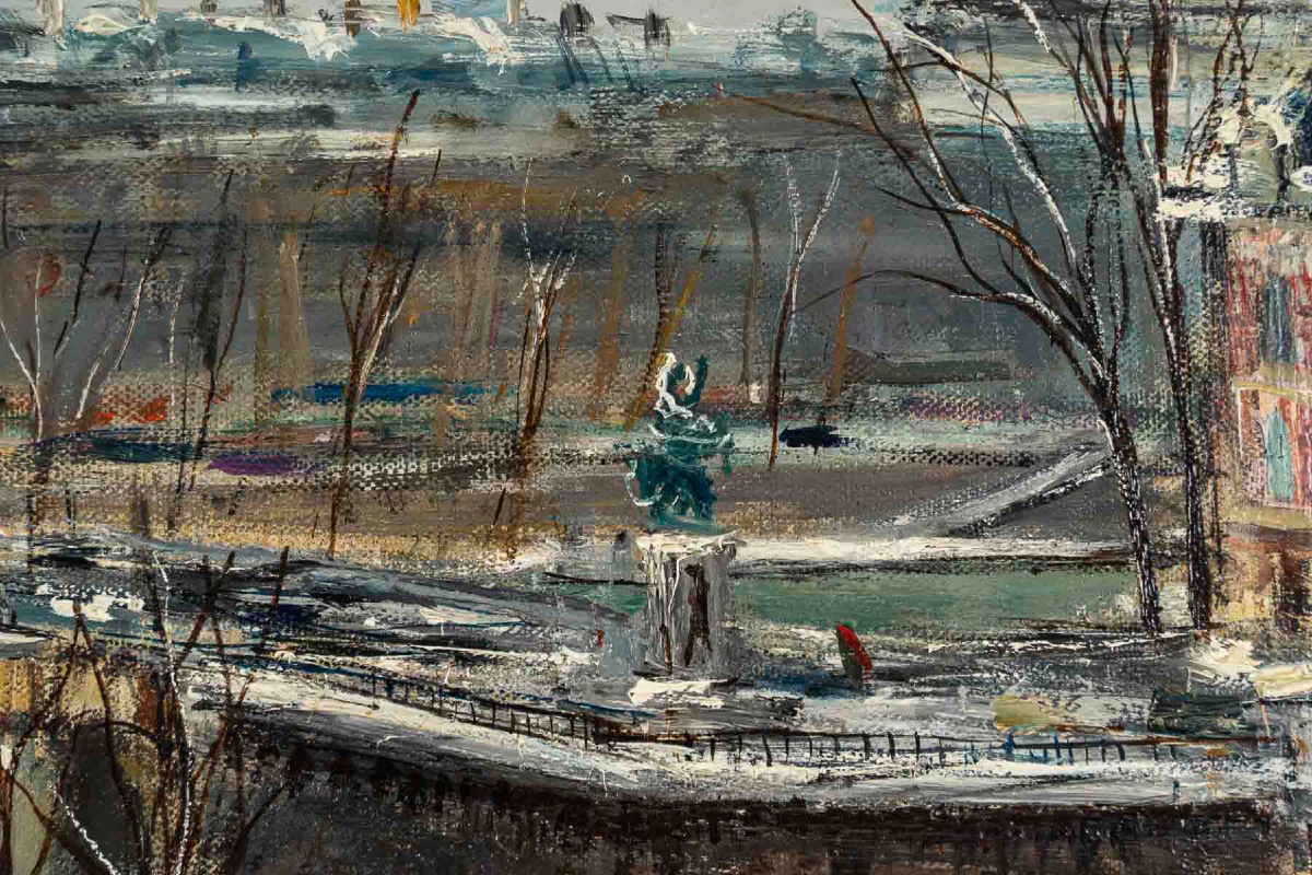 Serge Belloni (1925-2005) Paris Le Pont Neuf sous la neige huile sur toile circa 1960-photo-4