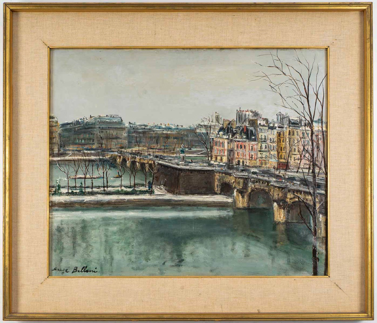 Serge Belloni (1925-2005) Paris Le Pont Neuf sous la neige huile sur toile circa 1960
