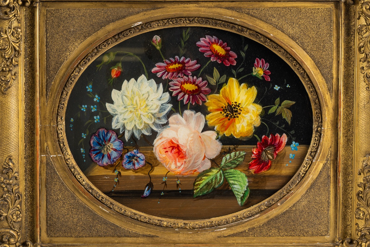 Pair Of Oval Reverse Glass Paintings With Flower Bouquets, Gilded Frames, 19th Century-photo-3