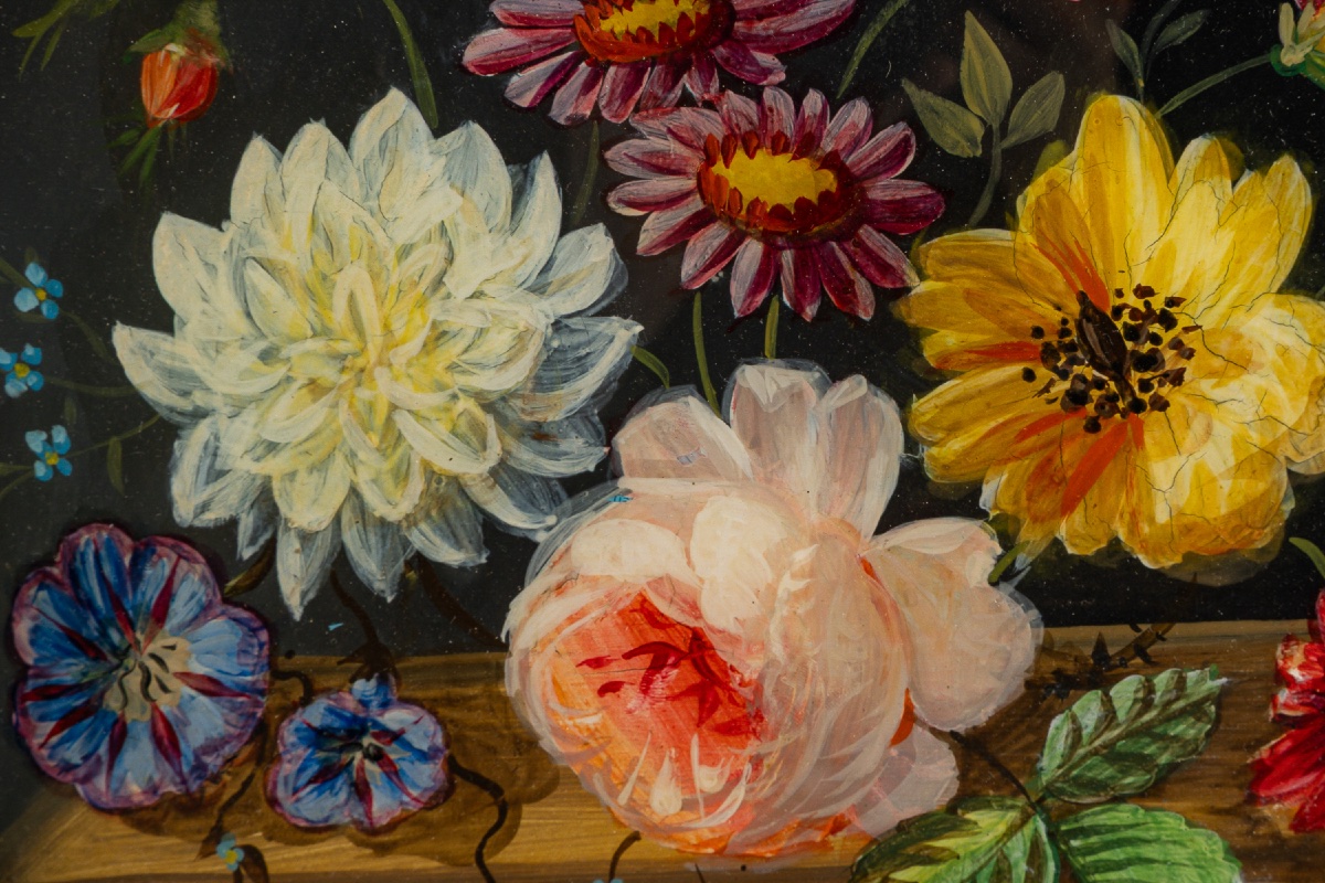 Pair Of Oval Reverse Glass Paintings With Flower Bouquets, Gilded Frames, 19th Century-photo-4