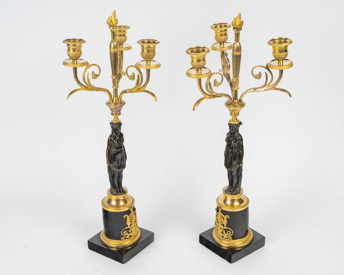 Paire de candélabres néoclassiques en bronze doré et patiné, époque Empire, vers 1805-1810-photo-2