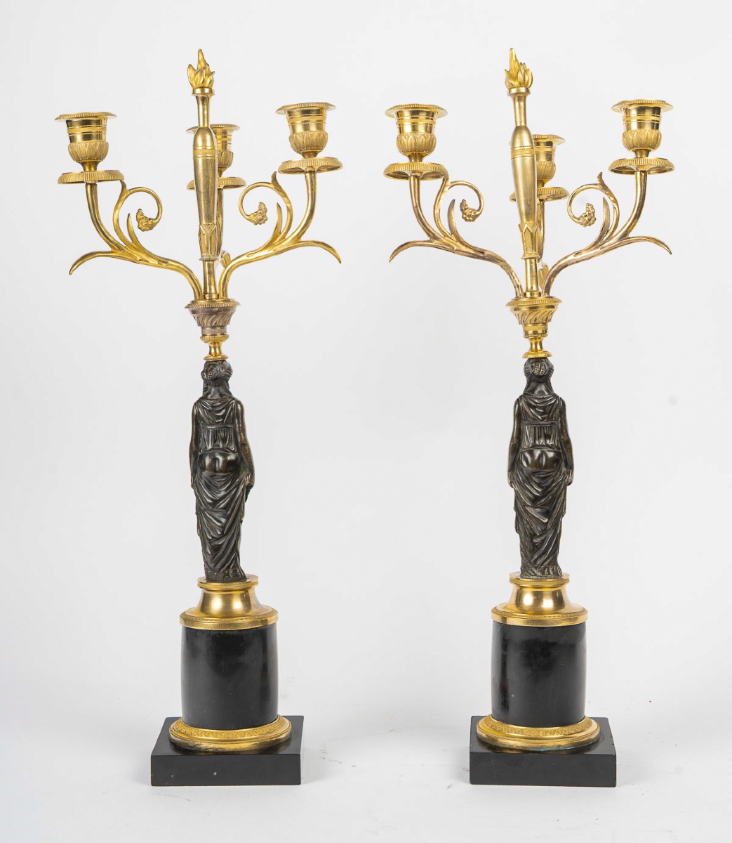 Paire de candélabres néoclassiques en bronze doré et patiné, époque Empire, vers 1805-1810-photo-4