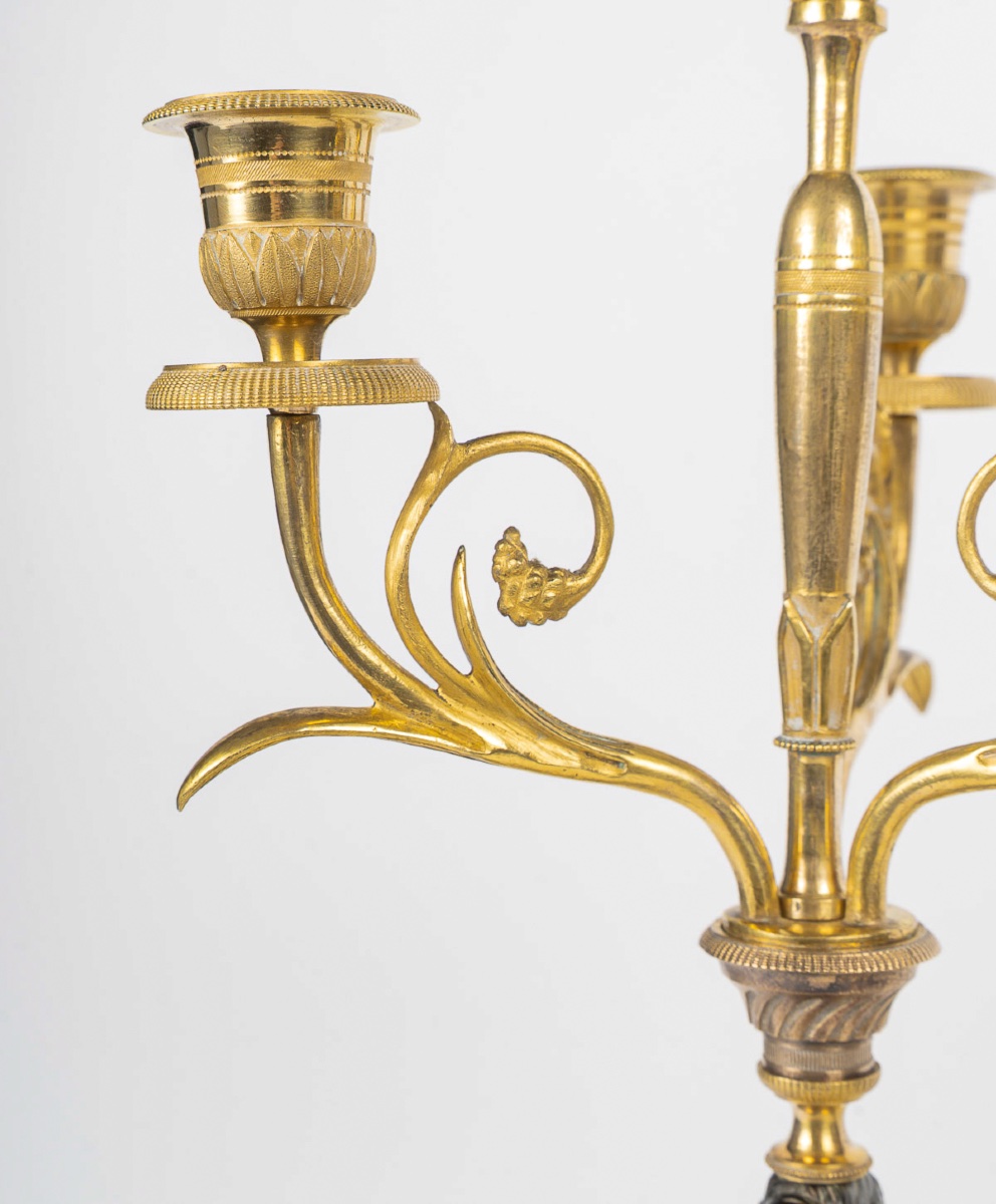 Paire de candélabres néoclassiques en bronze doré et patiné, époque Empire, vers 1805-1810-photo-2