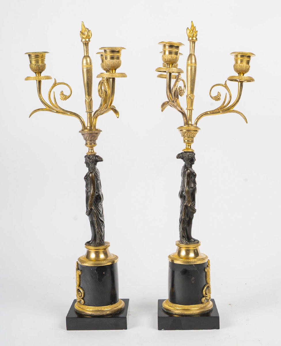Paire de candélabres néoclassiques en bronze doré et patiné, époque Empire, vers 1805-1810-photo-6