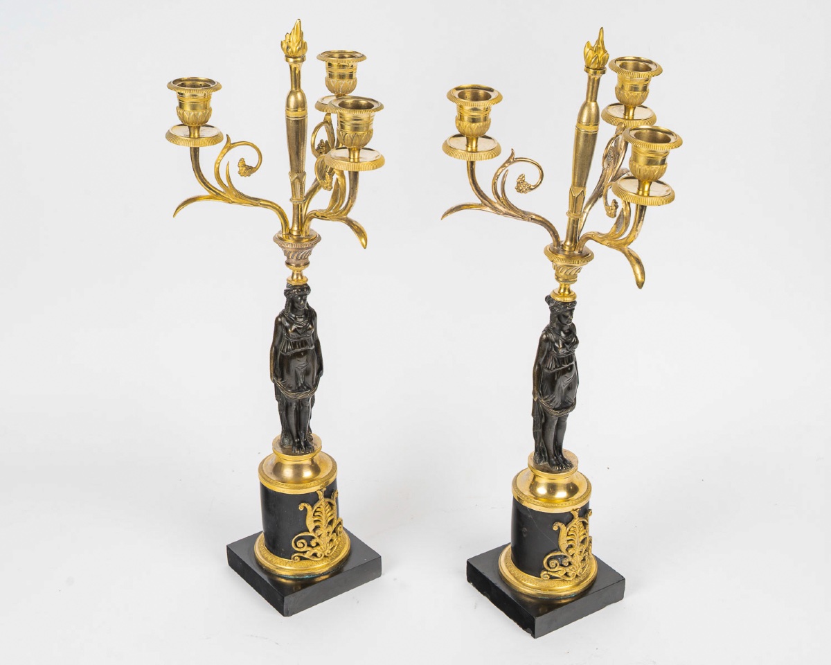 Paire de candélabres néoclassiques en bronze doré et patiné, époque Empire, vers 1805-1810-photo-7
