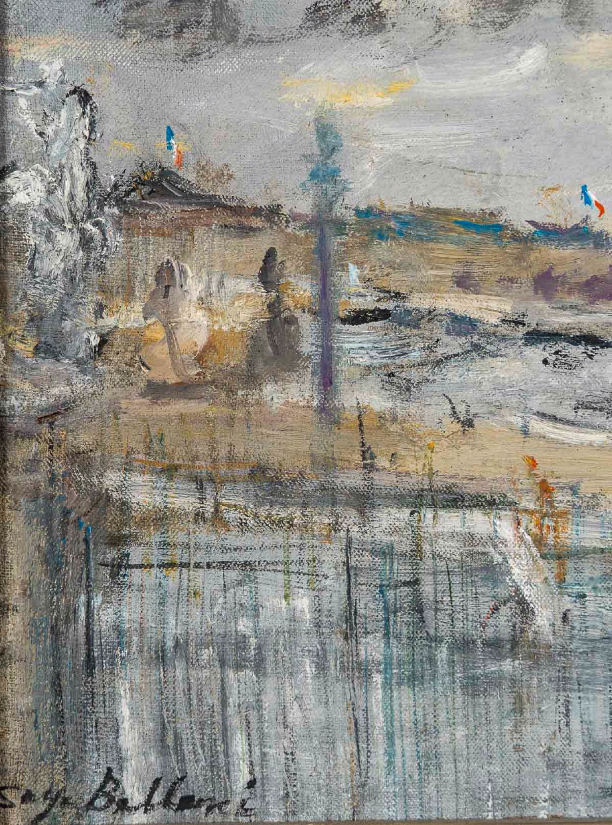 Serge Belloni (1925-2005) Paris Place de la Concorde et Tour Eiffel huile sur toile circa 1970-photo-2