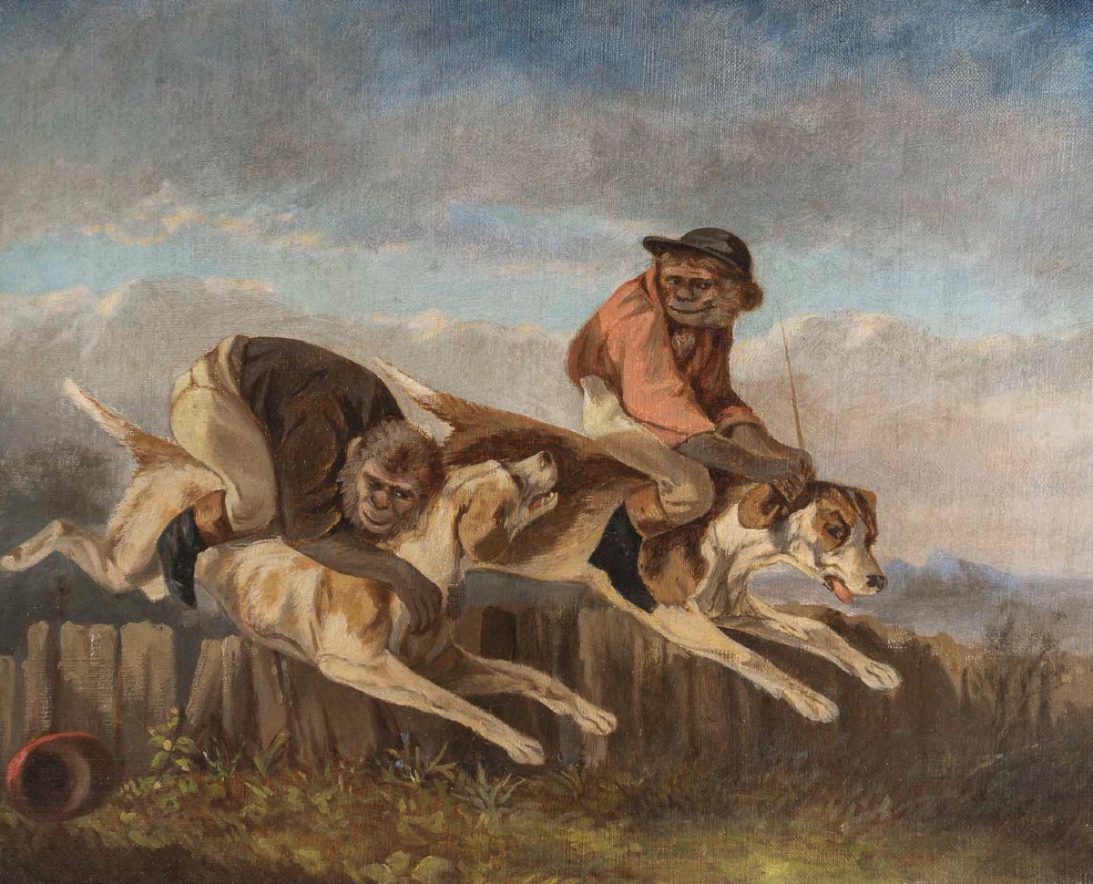 Les Singes Jockeys, école française huile sur toile du XIXe siècle-photo-2