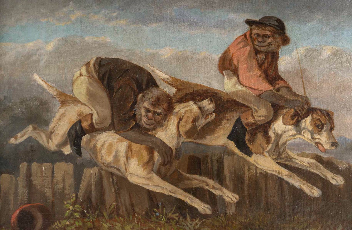 Les Singes Jockeys, école française huile sur toile du XIXe siècle-photo-3
