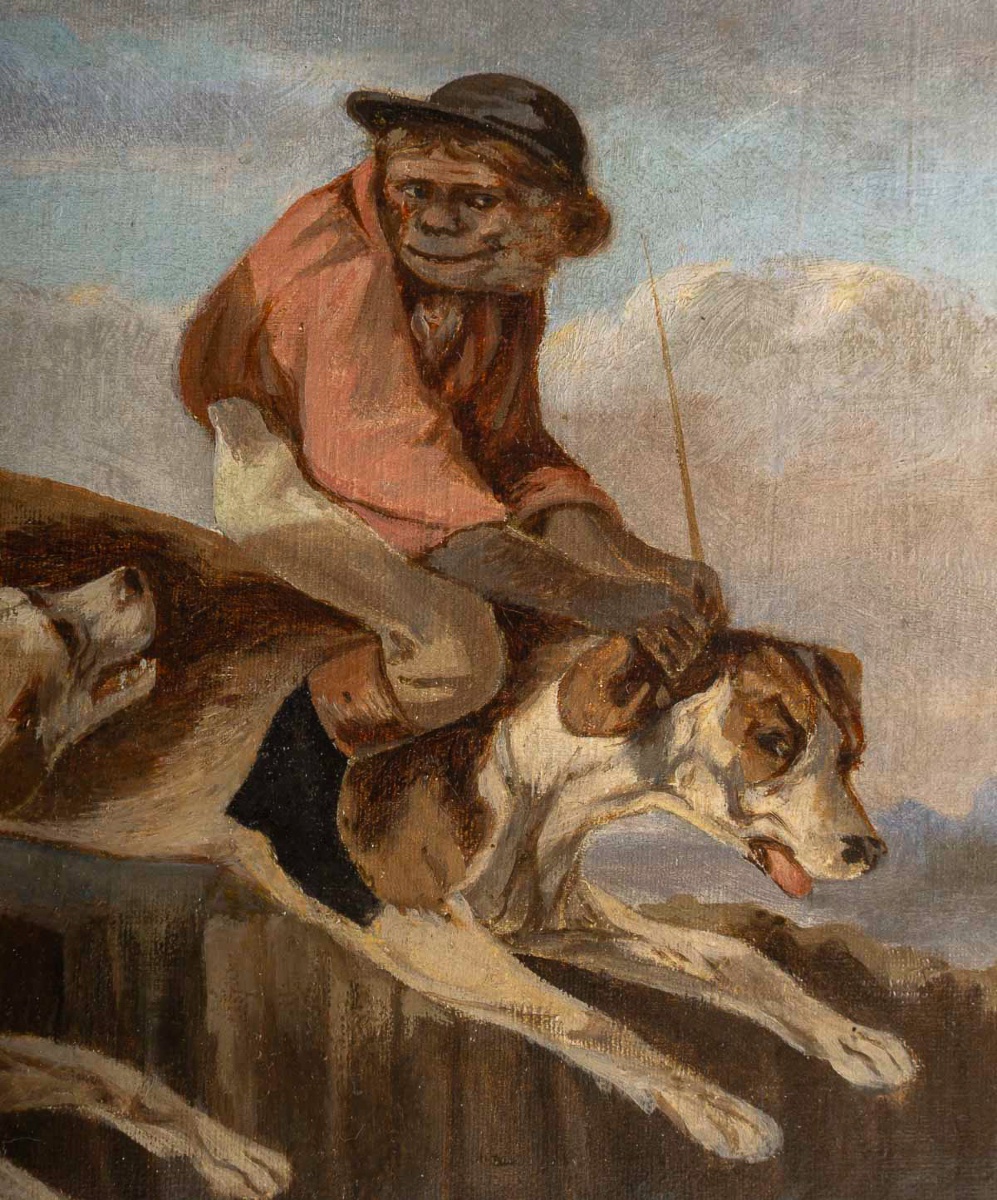 Les Singes Jockeys, école française huile sur toile du XIXe siècle-photo-4