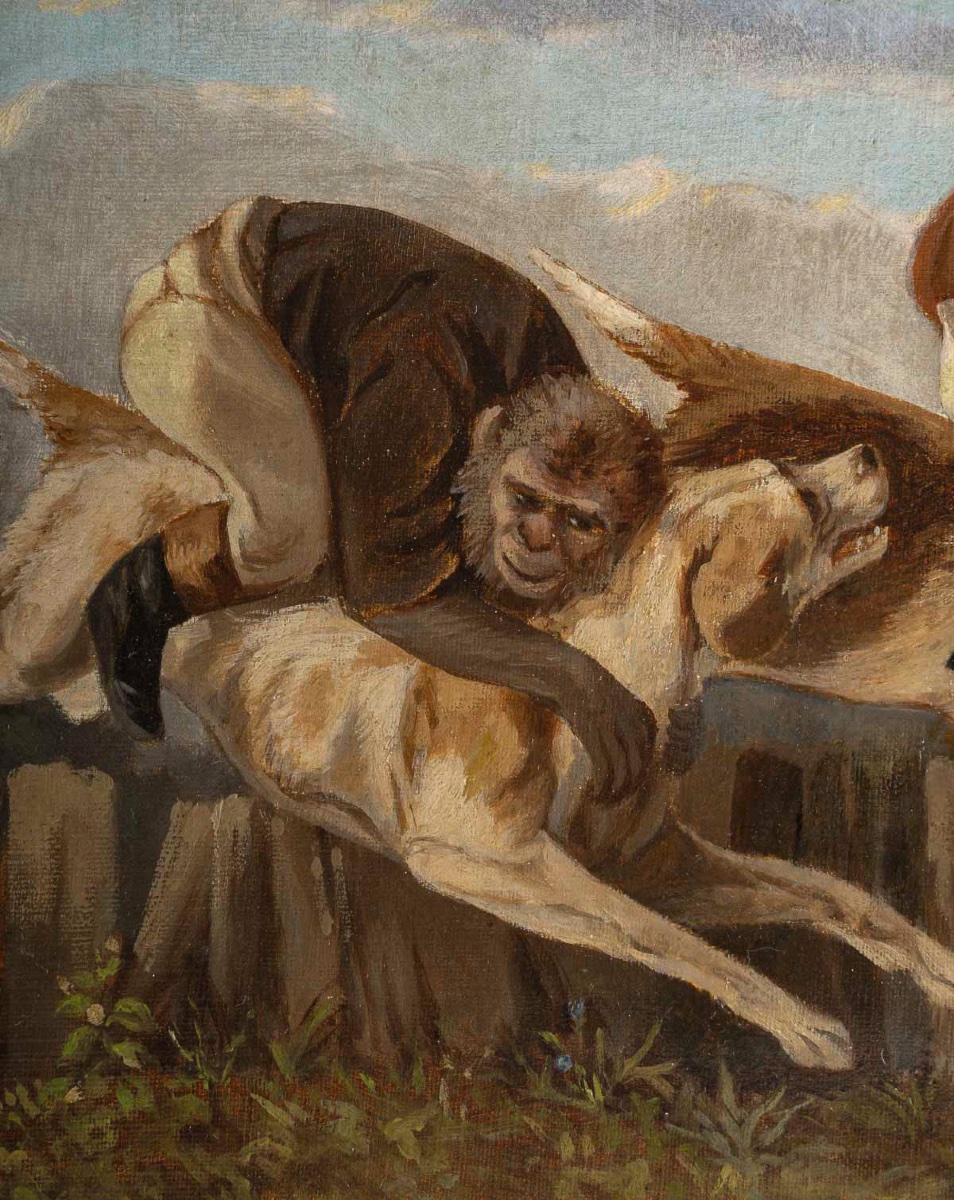 Les Singes Jockeys, école française huile sur toile du XIXe siècle-photo-1