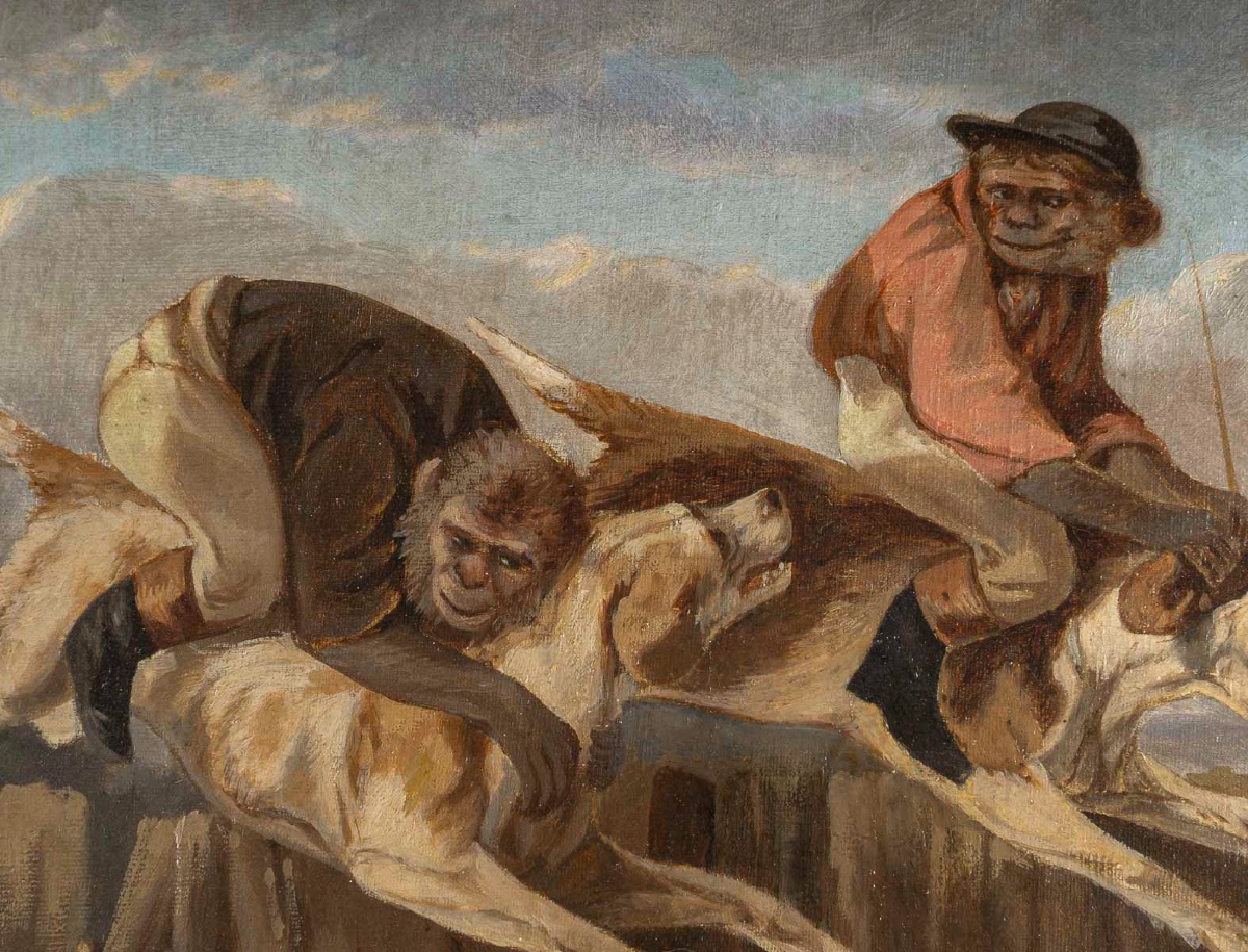Les Singes Jockeys, école française huile sur toile du XIXe siècle-photo-2