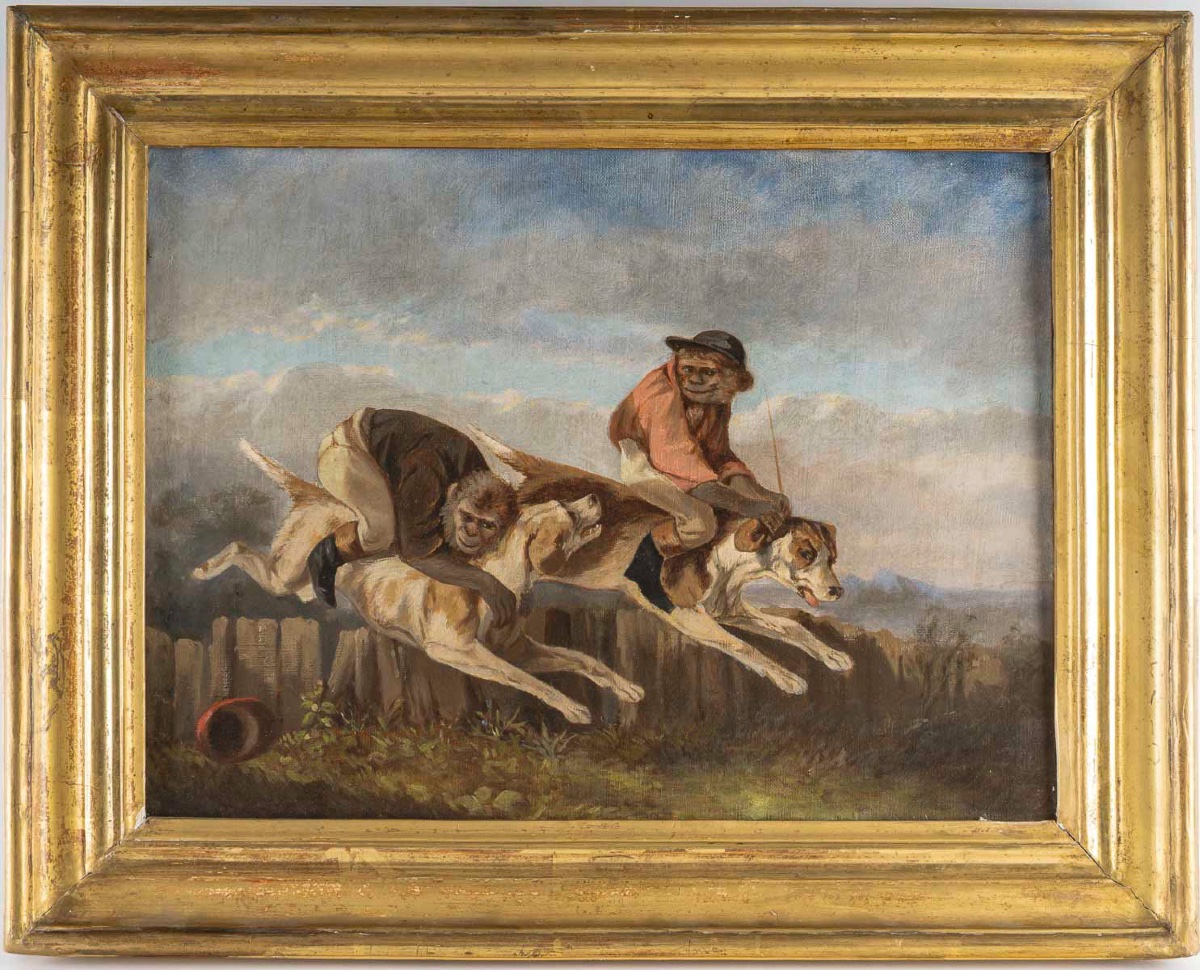 Les Singes Jockeys, école française huile sur toile du XIXe siècle