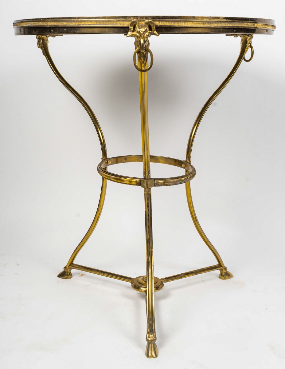 Guéridon échiquier en bronze doré et marqueterie de marbres, style Louis XVI, Florence 1880-photo-2