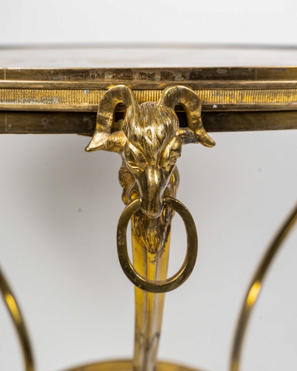 Guéridon échiquier en bronze doré et marqueterie de marbres, style Louis XVI, Florence 1880-photo-3