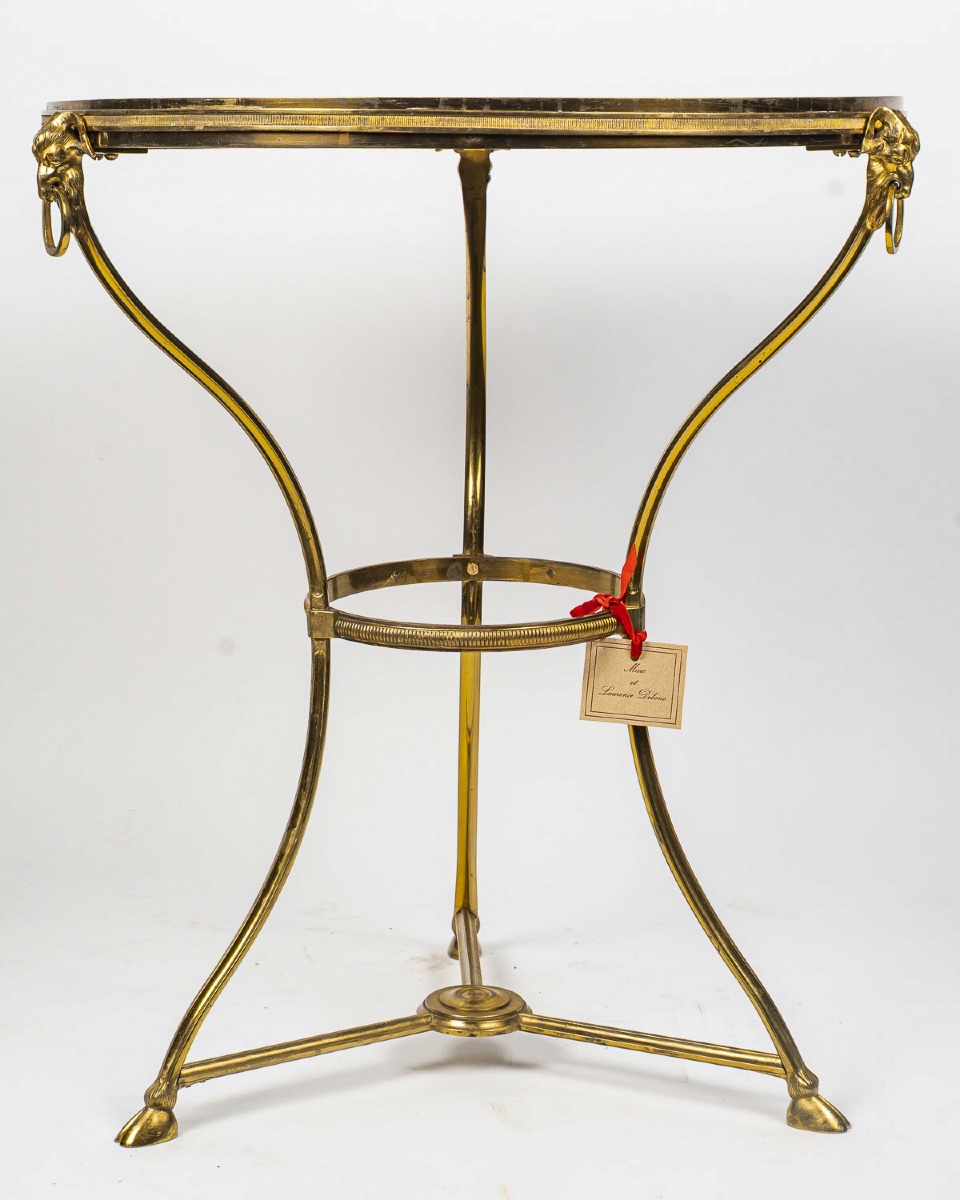 Guéridon échiquier en bronze doré et marqueterie de marbres, style Louis XVI, Florence 1880-photo-3