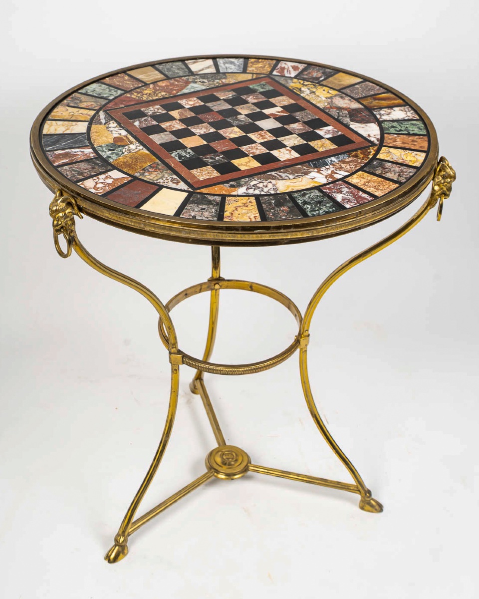 Guéridon échiquier en bronze doré et marqueterie de marbres, style Louis XVI, Florence 1880
