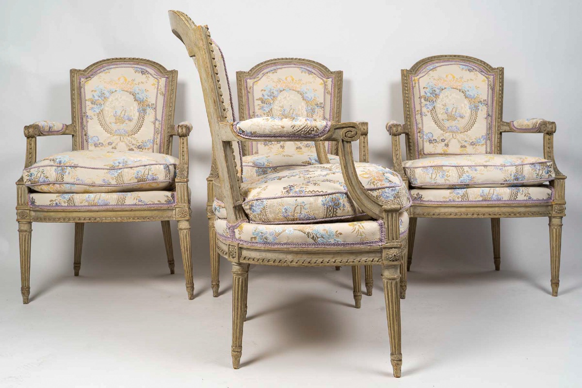 Suite Of Four Cabriolet Armchairs, Louis XVI Period, Stamped Sulpice Brizard-photo-4