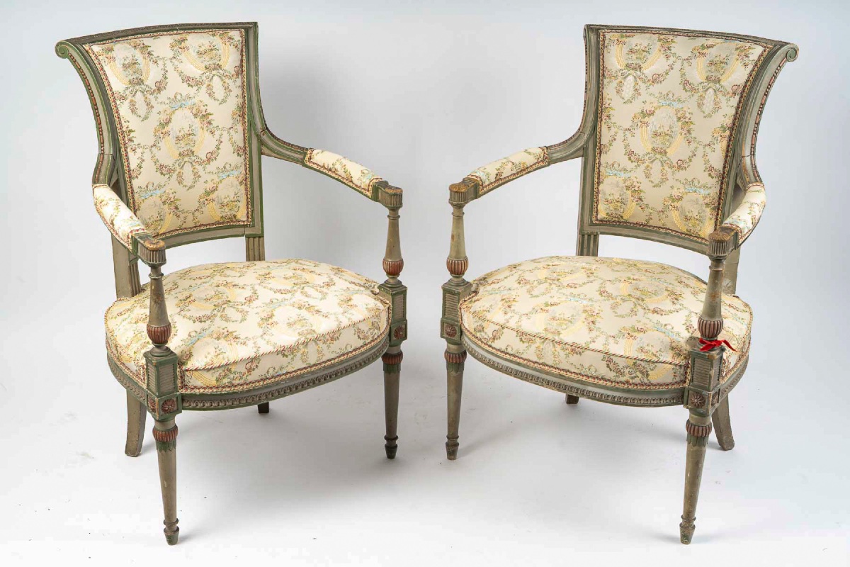 Paire de fauteuils en bois mouluré et laqué vert et corail, style Directoire, vers 1850-1870-photo-2