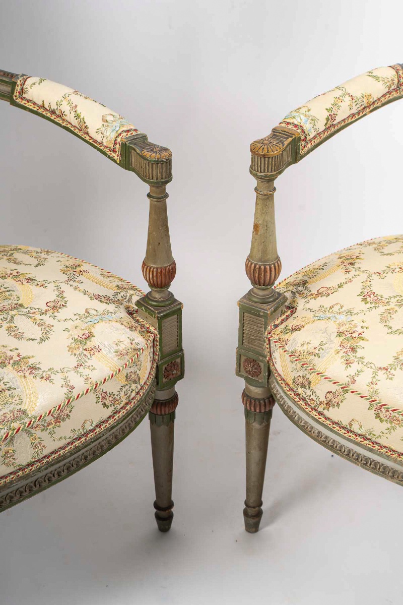 Paire de fauteuils en bois mouluré et laqué vert et corail, style Directoire, vers 1850-1870-photo-3