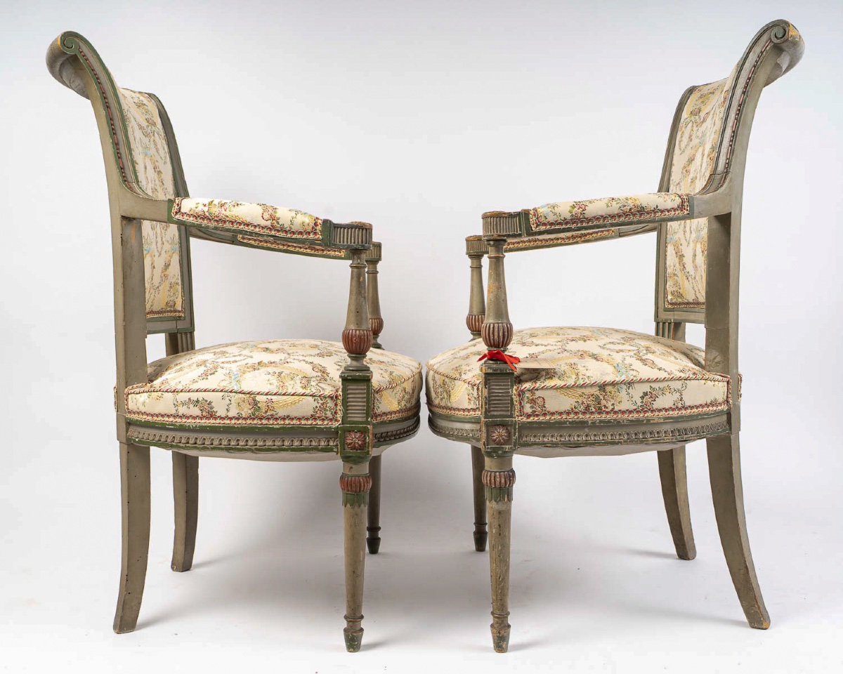 Paire de fauteuils en bois mouluré et laqué vert et corail, style Directoire, vers 1850-1870-photo-4