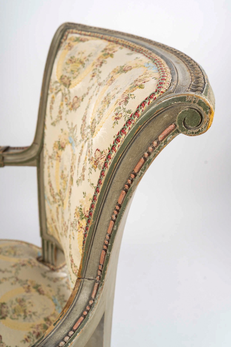 Paire de fauteuils en bois mouluré et laqué vert et corail, style Directoire, vers 1850-1870-photo-2