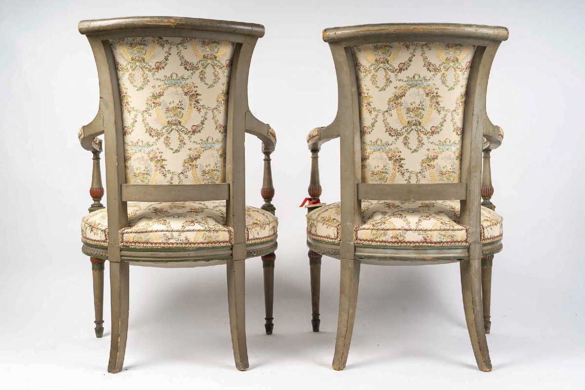 Paire de fauteuils en bois mouluré et laqué vert et corail, style Directoire, vers 1850-1870-photo-3