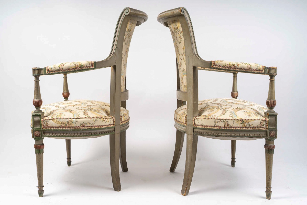 Paire de fauteuils en bois mouluré et laqué vert et corail, style Directoire, vers 1850-1870-photo-4