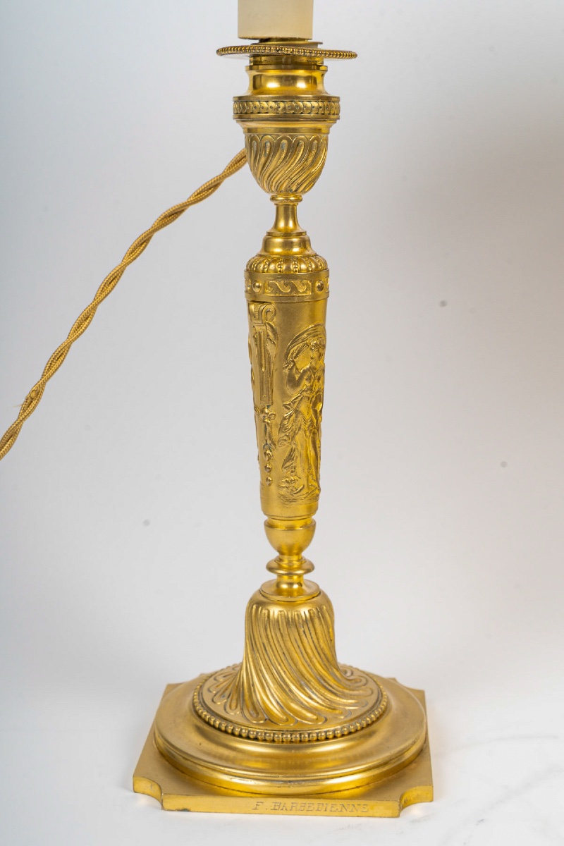 Pair Of Gilt Bronze Candlesticks With A Continuous Frieze Of Classical Women Signed Barbedienne-photo-3