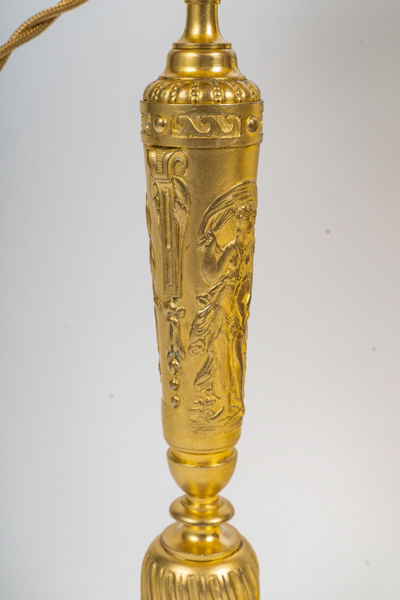 Pair Of Gilt Bronze Candlesticks With A Continuous Frieze Of Classical Women Signed Barbedienne-photo-1