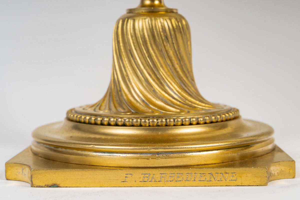 Pair Of Gilt Bronze Candlesticks With A Continuous Frieze Of Classical Women Signed Barbedienne-photo-2